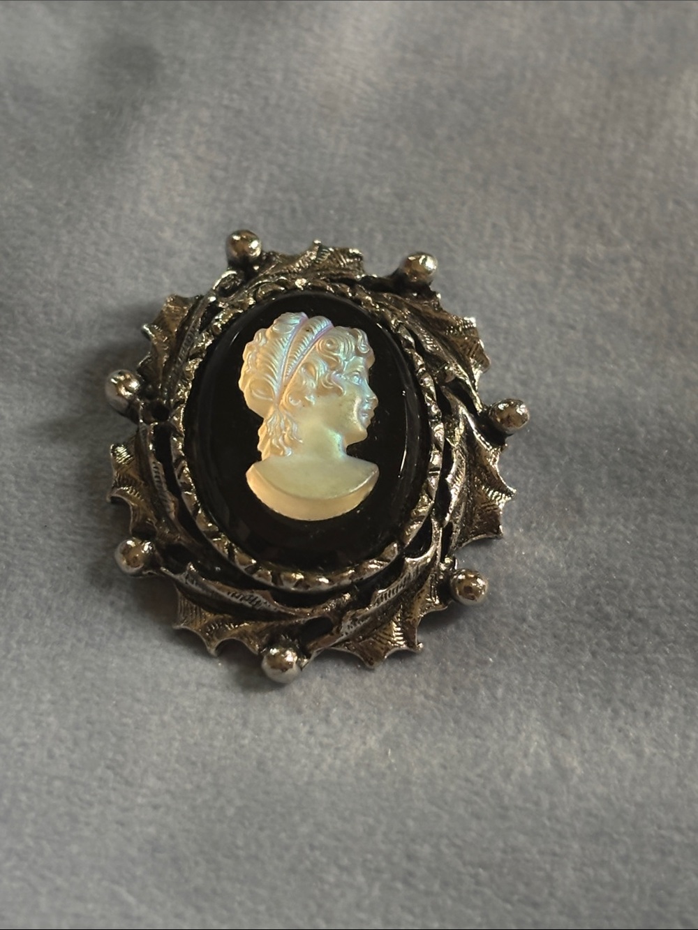 vintage Victorian Revival cameo brooch, dating back to the 1960s or 1970s